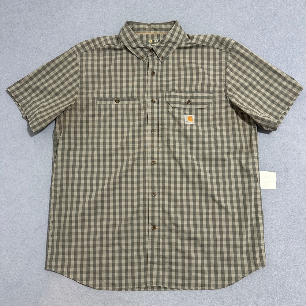 Carhartt Force Relaxed Fit Plaid Work Shirt Short Sleeve Gray Mens Size XL